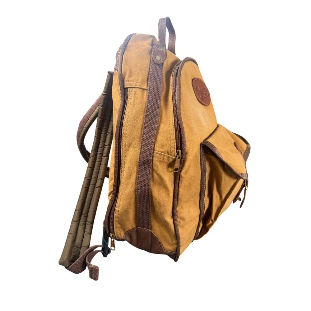 Orvis Backpack Unisex Medium Tan Good Canvas Leather Trim Outdoor Rugged Bag